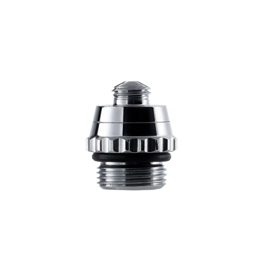 Green Stuff World 0.3mm Airbrush Nozzle Cap Mobius – zbliżenie na chromowany kapturek ochronny dyszy 0.3mm z widocznym gwintem i uszczelką
