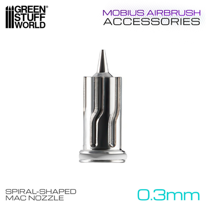 Green Stuff World 0.3mm Nozzle Cap Mobius – chromowana spiralna dysza MAC 0.3mm do aerografu Mobius na białym tle z logo
