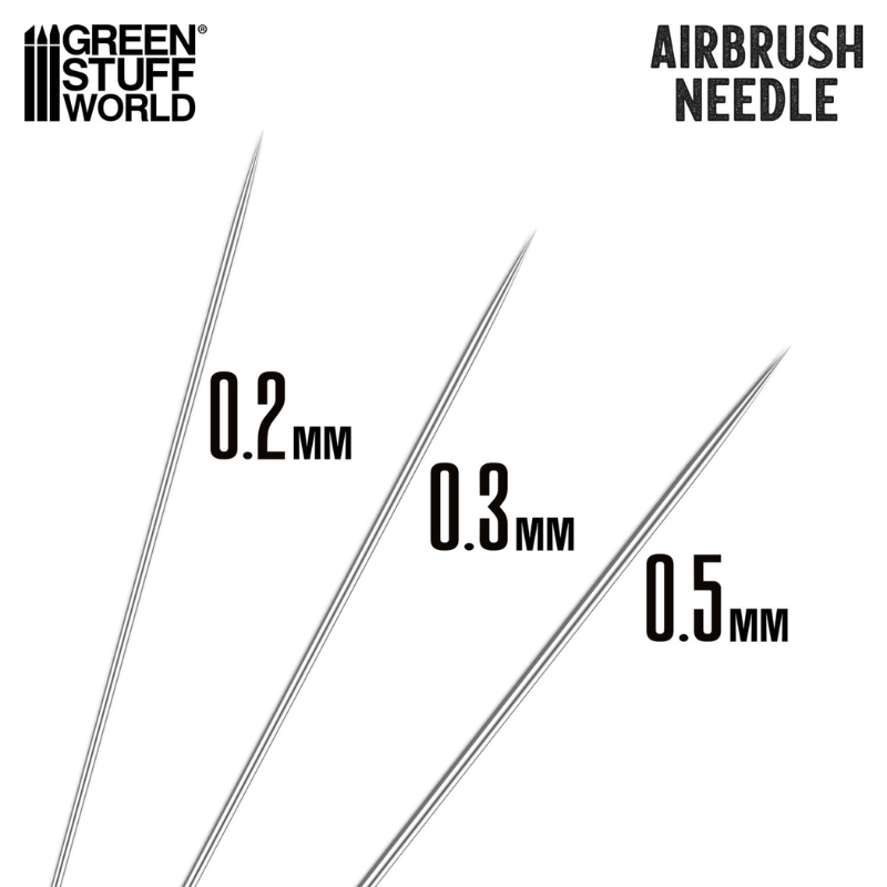 Green Stuff World Airbrush Needle – porównanie rozmiarów igieł 0.2mm, 0.3mm i 0.5mm
