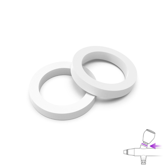 Green Stuff World O-Rings for Cup White Teflon – zbliżenie na uszczelki PTFE z oznaczeniem miejsca montażu w aerografie
