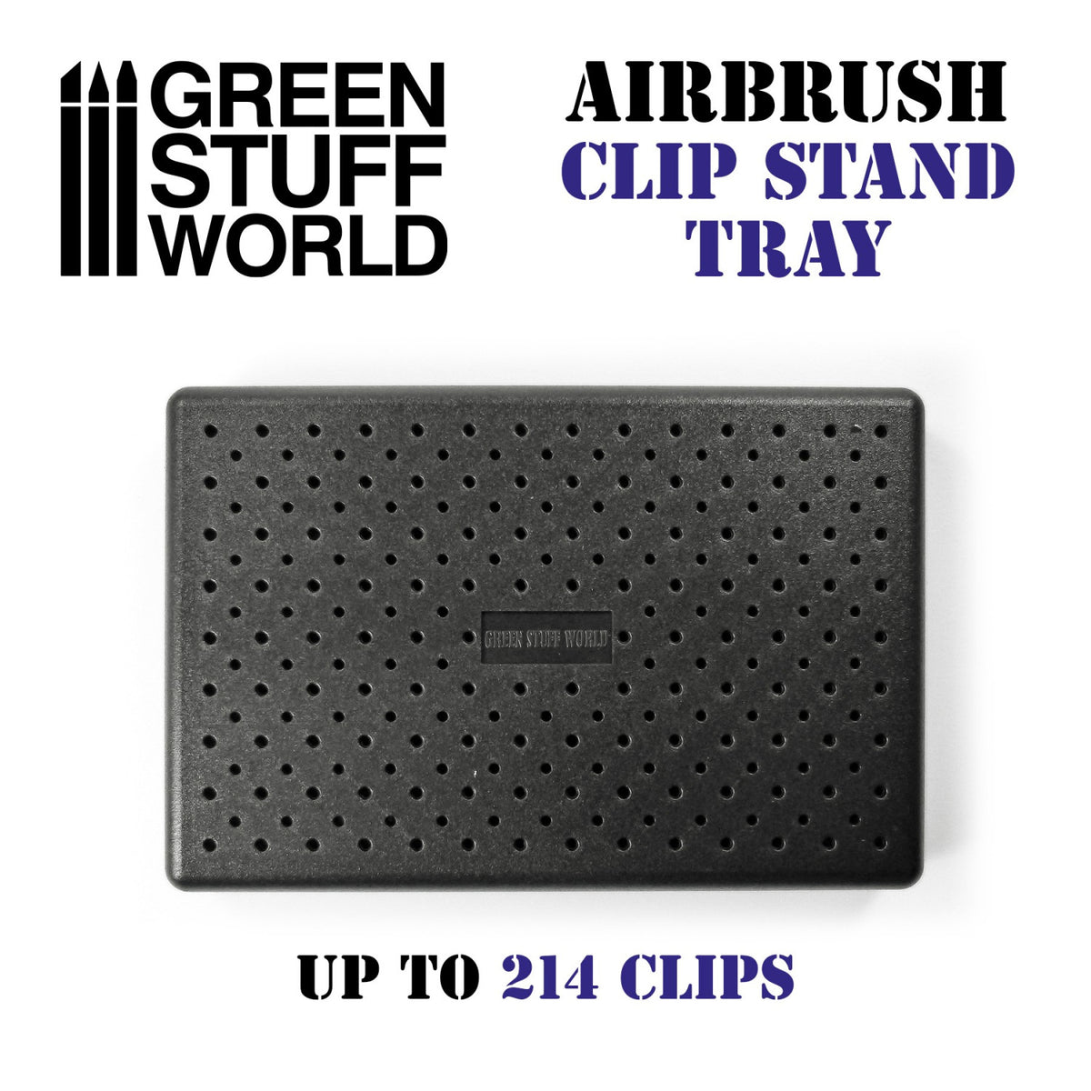 Airbrush Clip Stand Tray Green Stuff World – czarna plastikowa deska do aerografu 15x10cm, widok z góry, logo Green Stuff World wytłoczone w plastiku, napis "Up to 214 clips", białe tło
