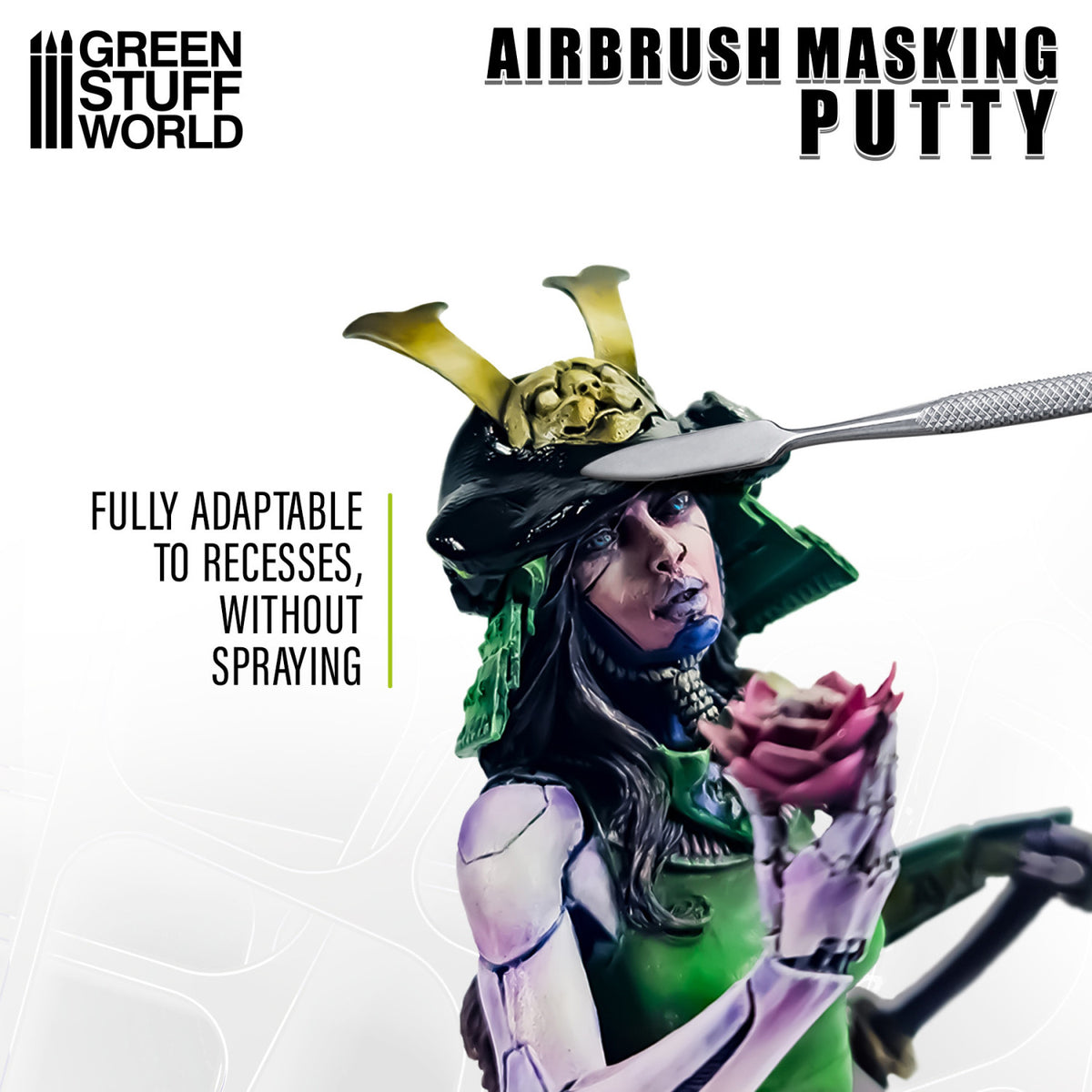 Airbrush Masking Putty Green Stuff World – masa maskująca aplikowana narzędziem na pomalowaną figurkę samuraja, napis "Fully Adaptable to Recesses, Without Spraying"
