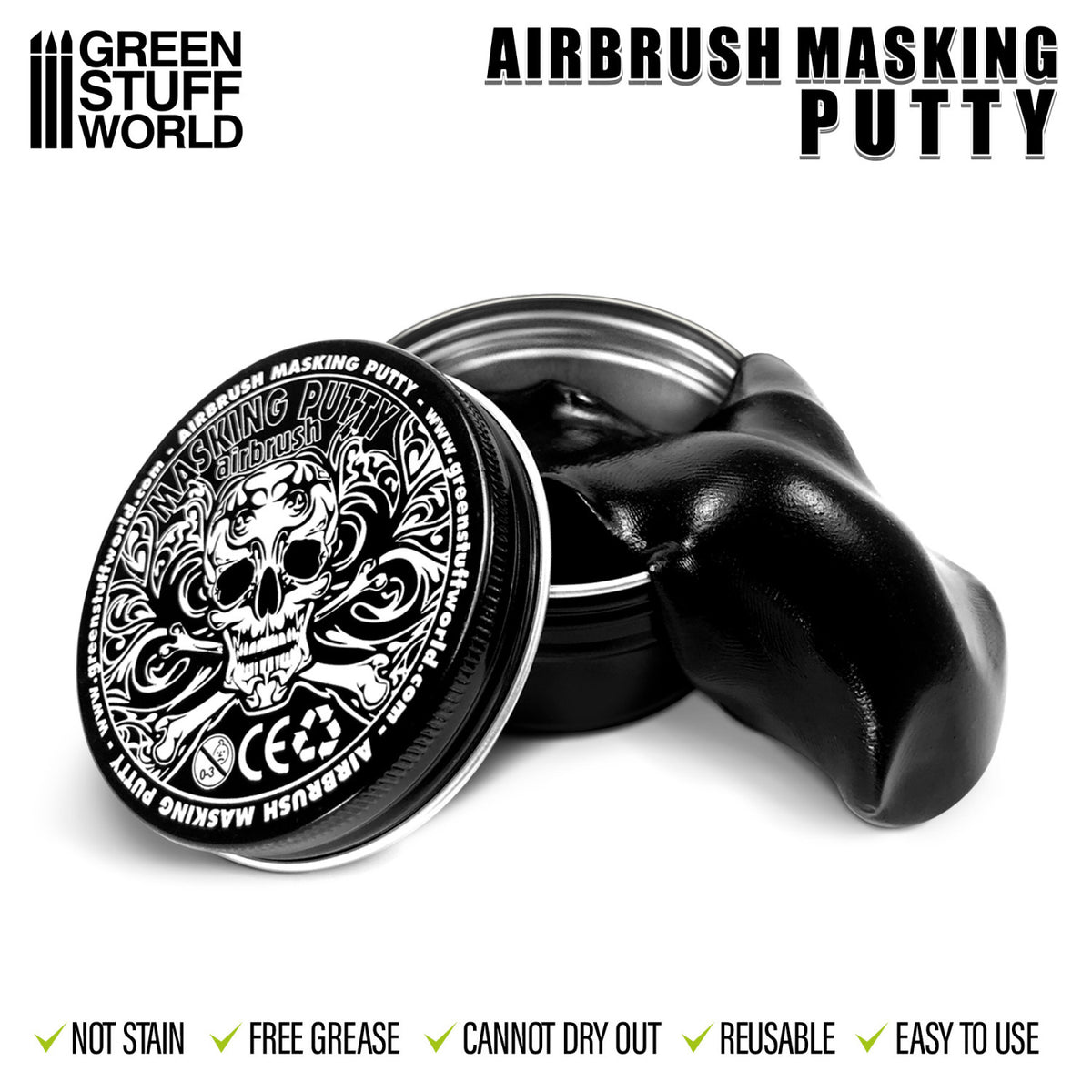 Airbrush Masking Putty Green Stuff World – metalowa puszka z czarną masą maskującą 60g, cechy: Not Stain, Free Grease, Cannot Dry Out, Reusable, Easy to Use
