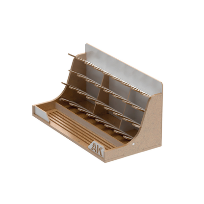Modular Organizer for 35ml Bottles AK Interactive AKORG35 - widok pustego organizera MDF z półkami schodkowymi i przednią wnęką na pędzle
