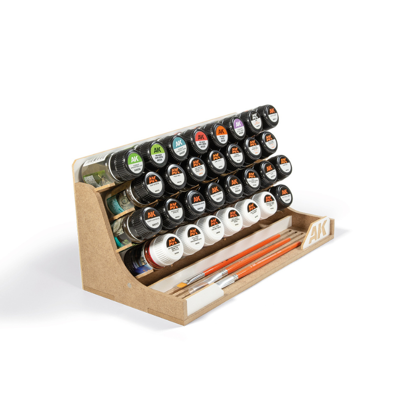 Modular Organizer for 35ml Bottles AK Interactive AKORG35 - widok izometryczny z lewej z farbami, emalią i washami
