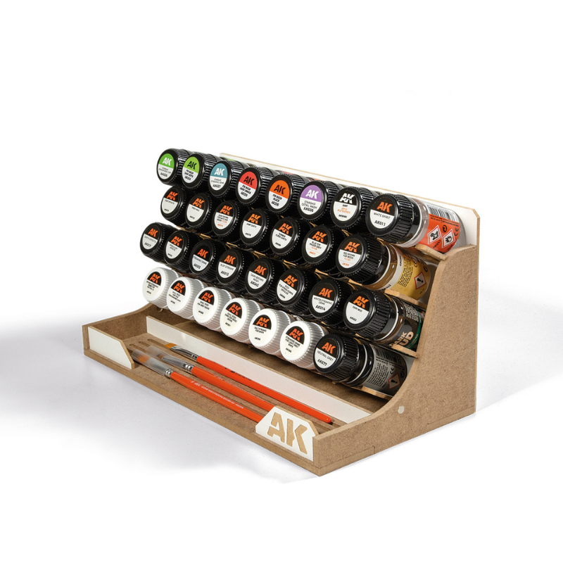 Modular Organizer for 35ml Bottles AK Interactive - widok izometryczny z prawej z farbami i pędzlami w przedniej wnęce
