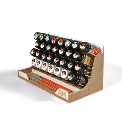 Modular Organizer for 35ml Bottles AK Interactive - widok izometryczny z prawej z farbami i pędzlami w przedniej wnęce
