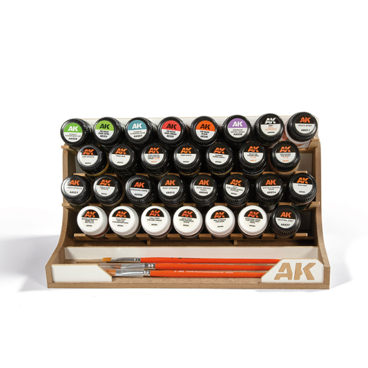 Modular Organizer for 35ml Bottles AK Interactive - widok izometryczny z prawej z farbami i pędzlami w przedniej wnęce

