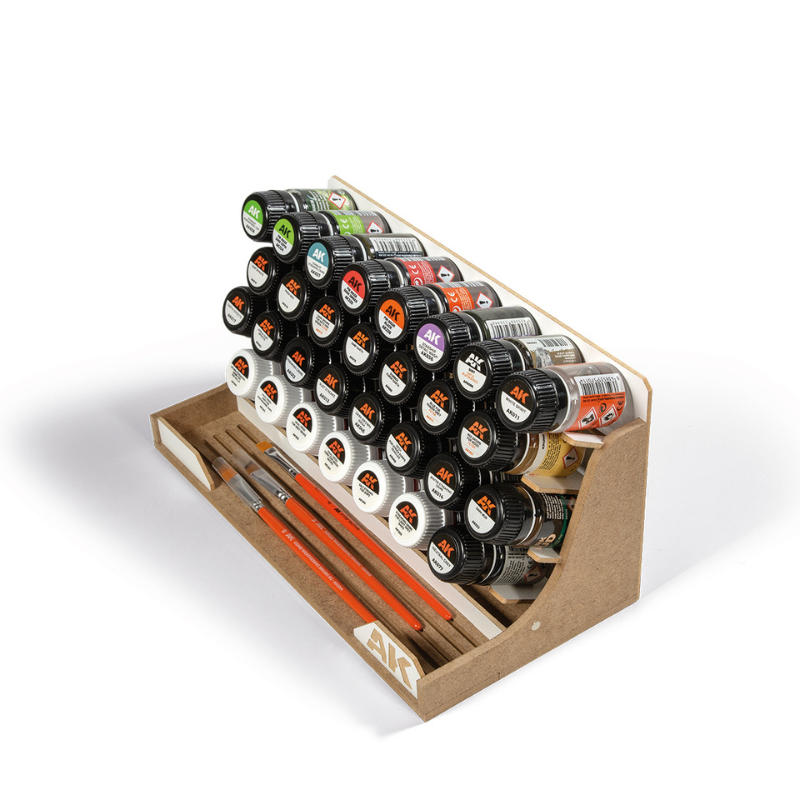 Modular Organizer for 35ml Bottles AK Interactive AKORG35 - widok z góry z 30 butelkami i pędzlami w przedniej przestrzeni
