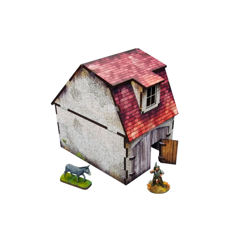 Normandy Coach House – kamienna stajnia z czerwonym dachem i otwartymi drzwiami, osioł i cywil dla skali, 28mm Bolt Action
