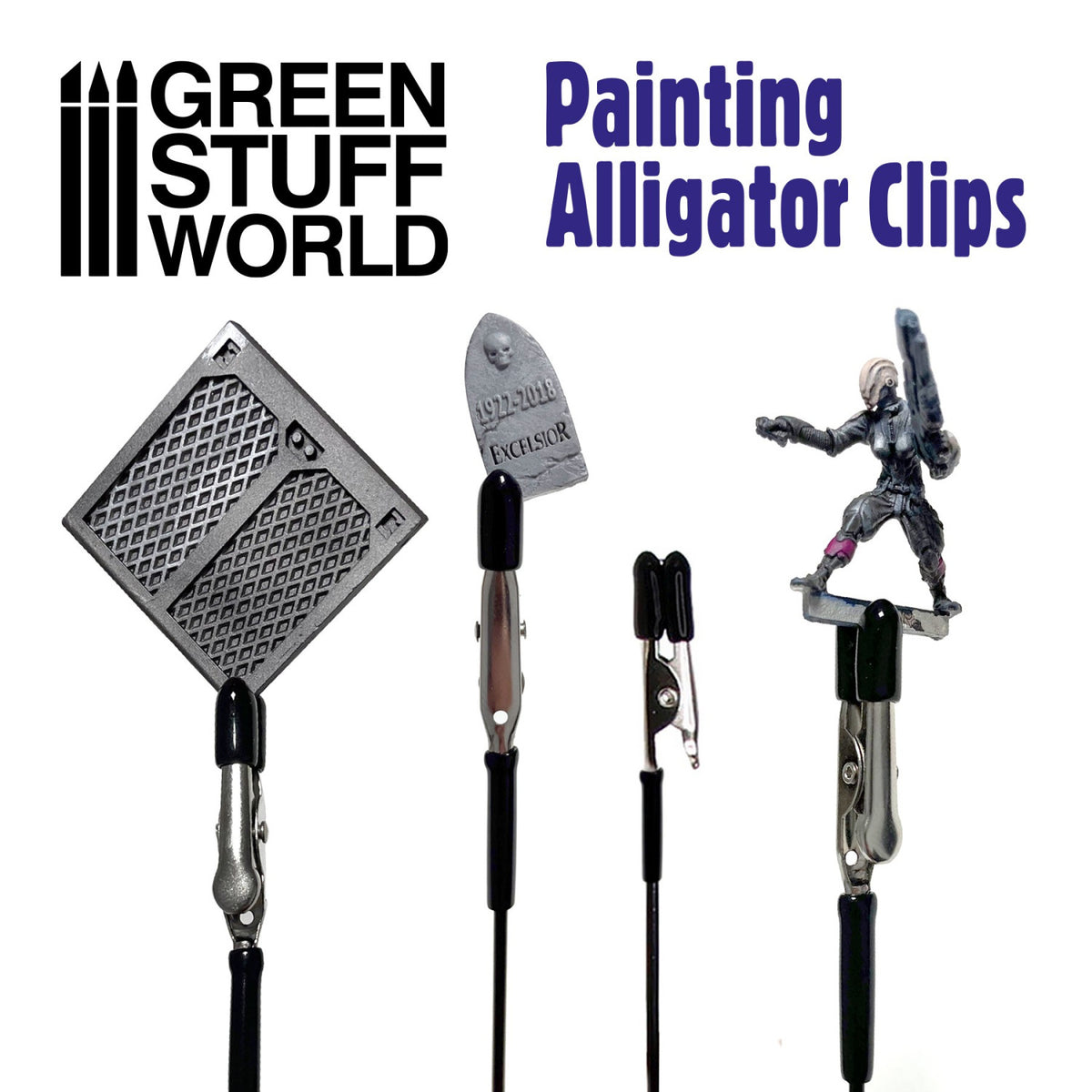 Alligator Clips Green Stuff World – cztery krokodylki malarskie trzymające różne elementy: płytkę teksturowaną, nagrobek, pusty krokodylek i figurkę wojowniczki sci-fi, napis "Painting Alligator Clips", logo GSW
