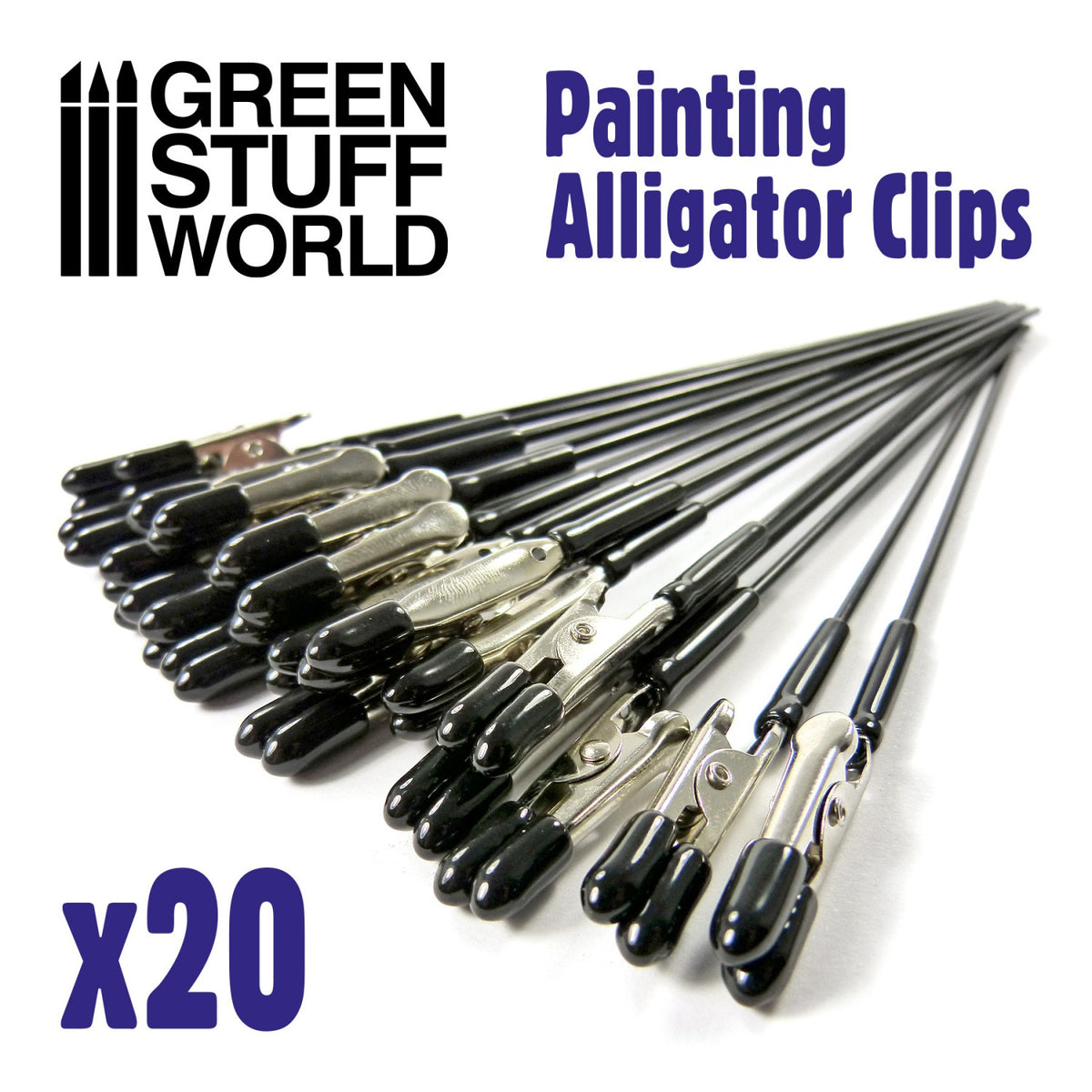 Alligator Clips Green Stuff World – 20 metalowych krokodylków malarskich z czarnymi silikonowymi końcówkami rozłożonych wachlarzowo, napis "Painting Alligator Clips x20", logo GSW
