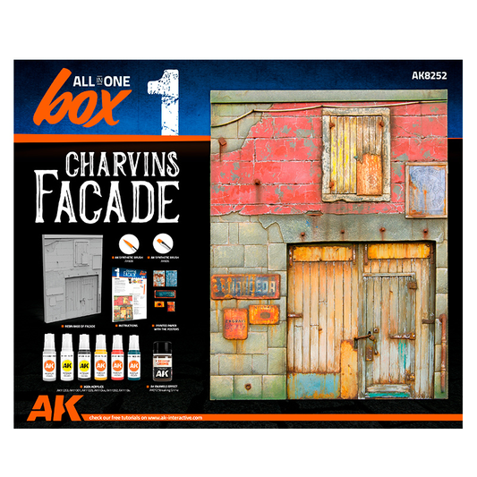 All in One Set Box 1 Charvin's Facade AK8252 – kompletny zestaw do dioramy z żywiczną fasadą, farbami 3Gen, efektem Streaking Grime i pędzlami | AK Interactive
