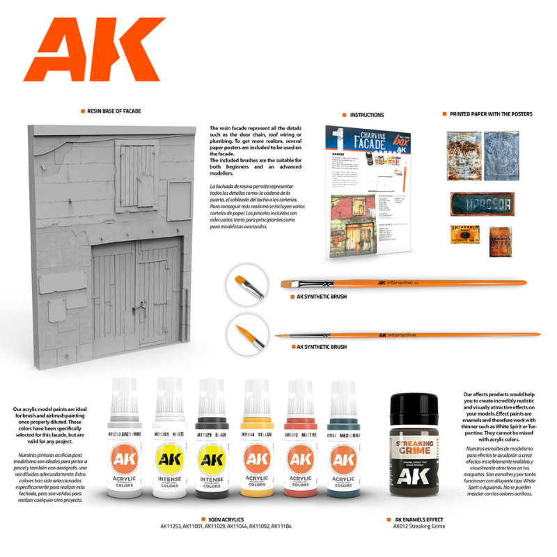 All in One Set Box 1 Charvin's Facade AK8252 – zawartość zestawu: farby akrylowe 3Gen, Streaking Grime, pędzle i żywiczna fasada wiejska | AK Interactive

