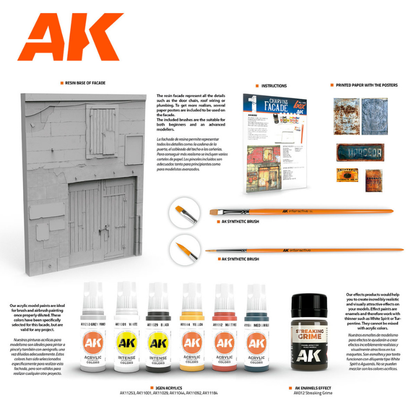 All in One Set Box 1 Charvin's Facade AK8252 – zawartość zestawu: farby akrylowe 3Gen, Streaking Grime, pędzle i żywiczna fasada wiejska | AK Interactive
