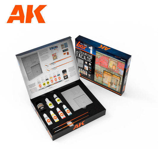 All in One Set Box 1 Charvin's Facade AK8252 – otwarte pudełko z zawartością: farby, efekty, pędzle i żywiczna fasada | AK Interactive

