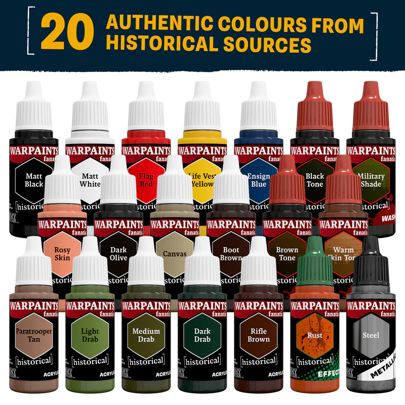 Paleta kolorów WWII American Paint Set WP8082P – Matt Black, Flag Red, Life Vest Yellow, Dark Olive, Paratrooper Tan, Rust, Steel i więcej | The Army Painter
