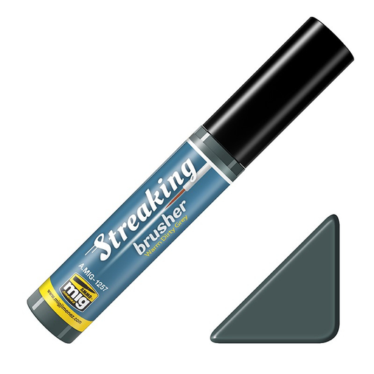 AMMO by MIG Jimenez Warm Dirty Grey Streakingbrusher A.MIG-1257 – marker weatheringowy z pędzelkiem, farba olejna 10ml do efektów ciepłego brudnego szarego na modelach militarnych
