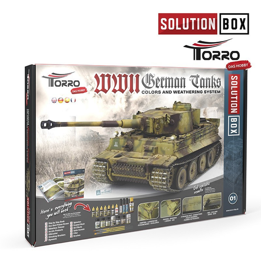AMMO by MIG Jimenez Solution Box WWII German Tanks AMM-2414300000 – kompletny zestaw farb i weatheringu do czołgów niemieckich WWII, współpraca TORRO x AMMO
