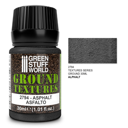 Ground Textures Asphalt Green Stuff World 2794 – butelka 30ml akrylowej pasty teksturowej Asphalt z próbką tekstury asfaltu, seria Ground Textures, SKU 2794
