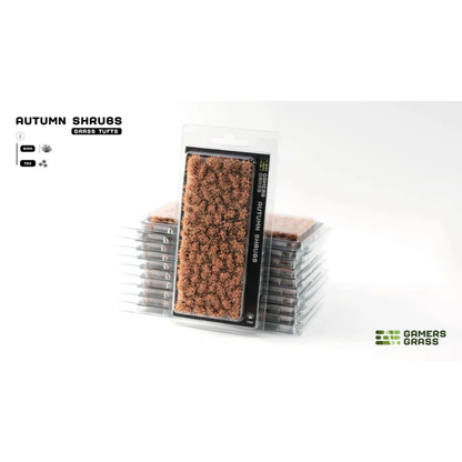 Autumn Shrubs 6mm Gamers Grass - opakowanie blister ze stosem produktów, widok z przodu z arkuszem żółto-brązowych kępek krzewów jesiennych i oznaczeniem 6mm 75x

