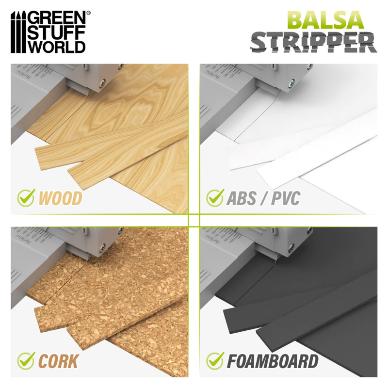 Balsa Stripper Green Stuff World – kompatybilność materiałów: drewno, ABS/PVC, korek, pianka foamboard
