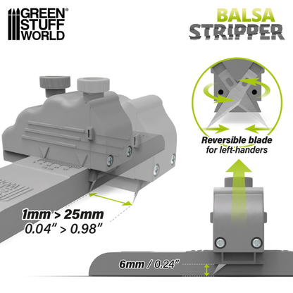Balsa Stripper Green Stuff World – schemat techniczny: zakres cięcia 1–25mm szerokości, grubość do 6mm, odwracalne ostrze dla leworęcznych
