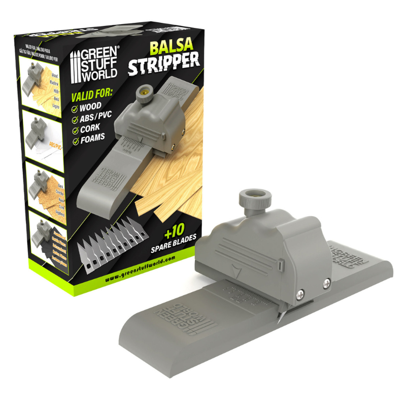 Balsa Stripper Green Stuff World 3113 – zestaw: przyrząd do cięcia pasków i pudełko produktu z opisem zastosowań i informacją o 10 zapasowych ostrzach
