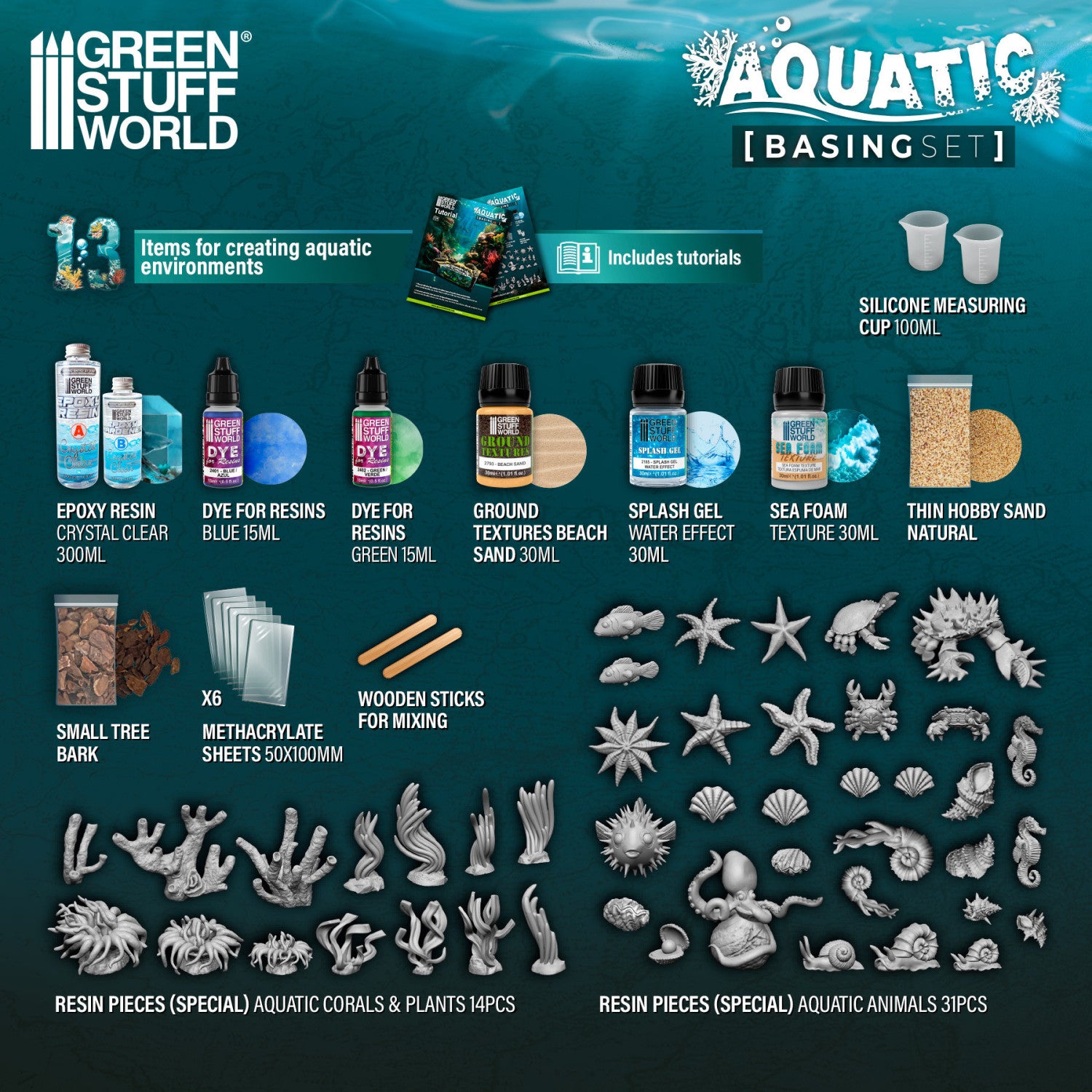 Green Stuff World Basing Set Aquatic - zawartość zestawu 13 elementów żywica epoksydowa barwniki korale zwierzęta wodne żel wodny piasek - Green Stuff World
