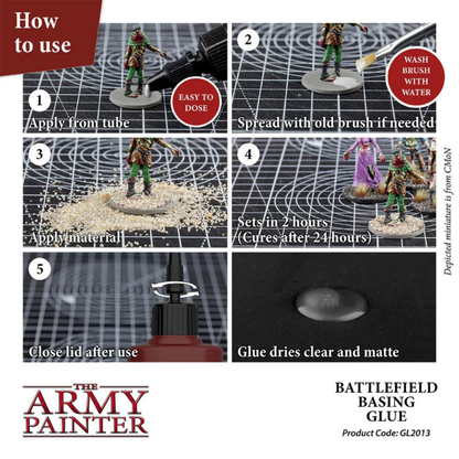 The Army Painter Battlefield Basing Glue GL2013P – instrukcja użycia krok po kroku: nałóż, rozprowadź, wsyp materiał, schnie przezroczysty i matowy
