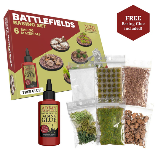 Battlefields Basing Set The Army Painter – zawartość: Brown Battleground, Battlefield Rocks, Swamp Tufts, Summer Undergrowth, Field Grass, Snow + klej
