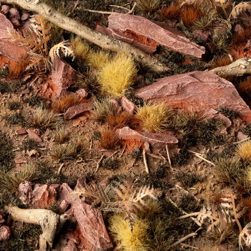 Burned Grass Tufts Gamers Grass - tufty 2mm spalone pole diorama z czerwonymi skałami - Gamers Grass