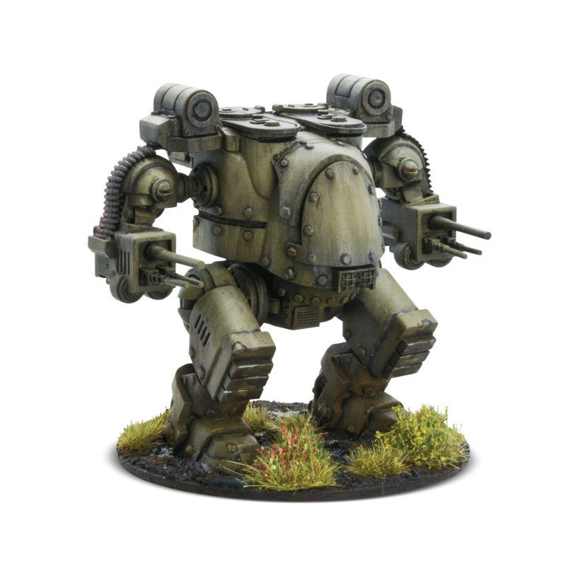 Konflikt '47 Kodiak Close Assault Walker 452600401 – zbliżenia na detale: taśma amunicyjna HMG z czerwonymi nabojami oraz MMG w nosie walkera z kratką wentylacyjną, 28mm Warlord Games
