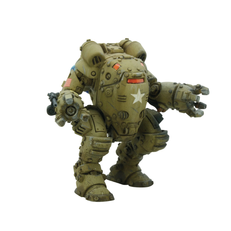 Konflikt '47 Jackal Light Walker 452600402 – zbliżenia na detale: niebieski repulsor z flagą USA na ramieniu oraz oznaczenia U.S.A. i czerwone panele na kadłubie, 28mm Warlord Games
