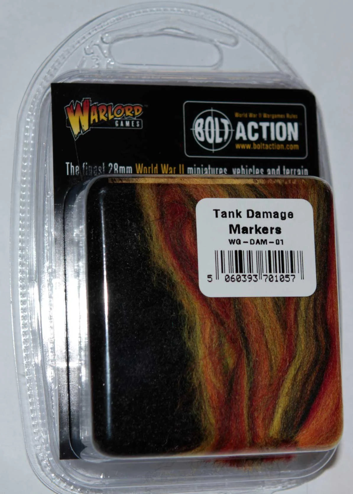 Warlord Games Tank Damage Markers WG-DAM-01 – blister z zawartością zestawu, etykieta Bolt Action i kod kreskowy 5060393701057
