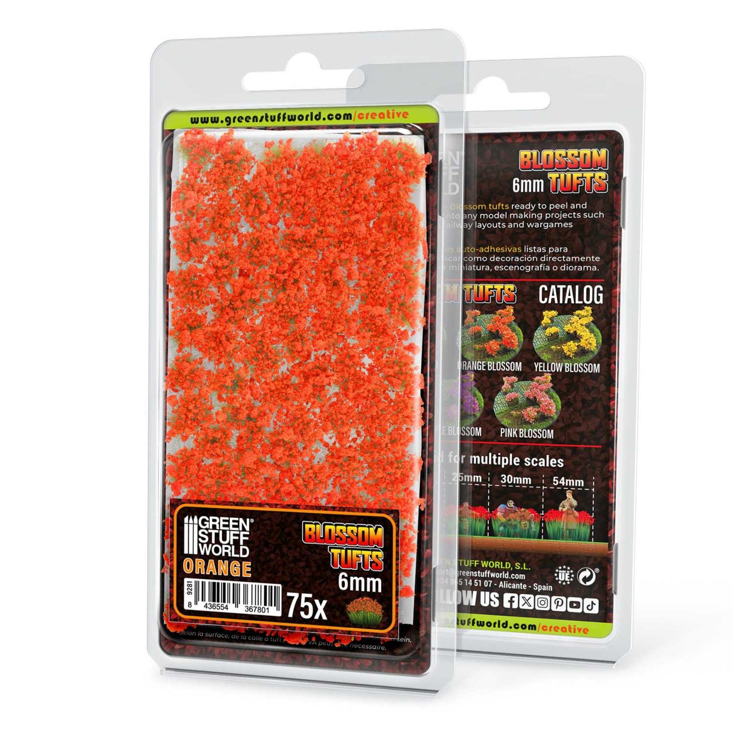 Blossom Tufts 6mm Orange Flowers Green Stuff World - opakowanie blister przód i tył z arkuszem 75 pomarańczowych kępek kwiatowych i katalogiem kolorów serii Blossom Tufts

