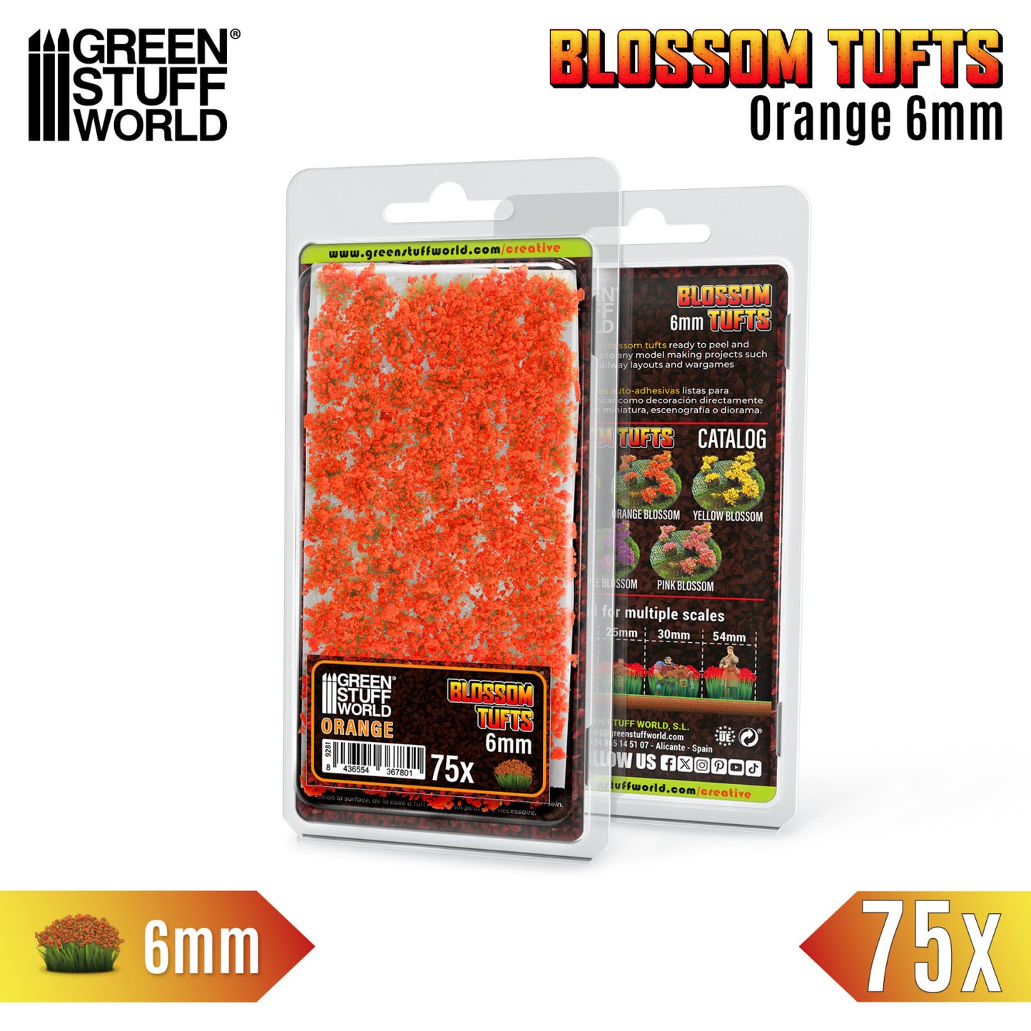 Blossom Tufts 6mm Orange Flowers Green Stuff World - opakowanie blister przód i tył z widoczną skalą 25mm 30mm 54mm i opisem produktu
