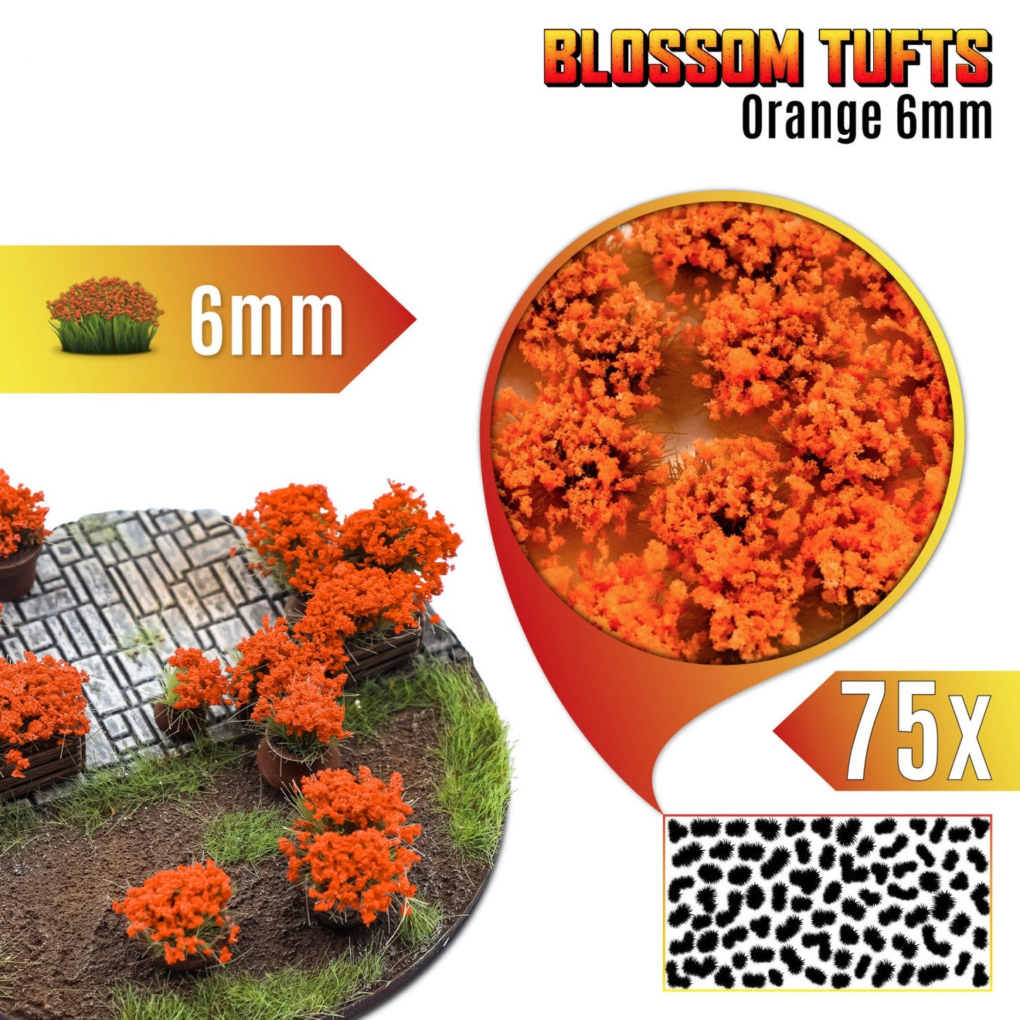 Blossom Tufts 6mm Orange Flowers Green Stuff World - podstawka fantasy z pomarańczowymi krzewami kwiatowymi, zbliżenie na teksturę kępek i układ 75 sztuk na arkuszu

