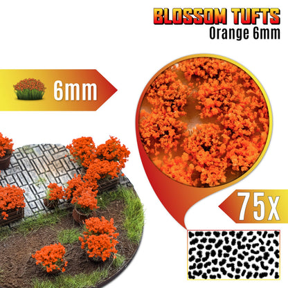 Blossom Tufts 6mm Orange Flowers Green Stuff World - podstawka fantasy z pomarańczowymi krzewami kwiatowymi, zbliżenie na teksturę kępek i układ 75 sztuk na arkuszu
