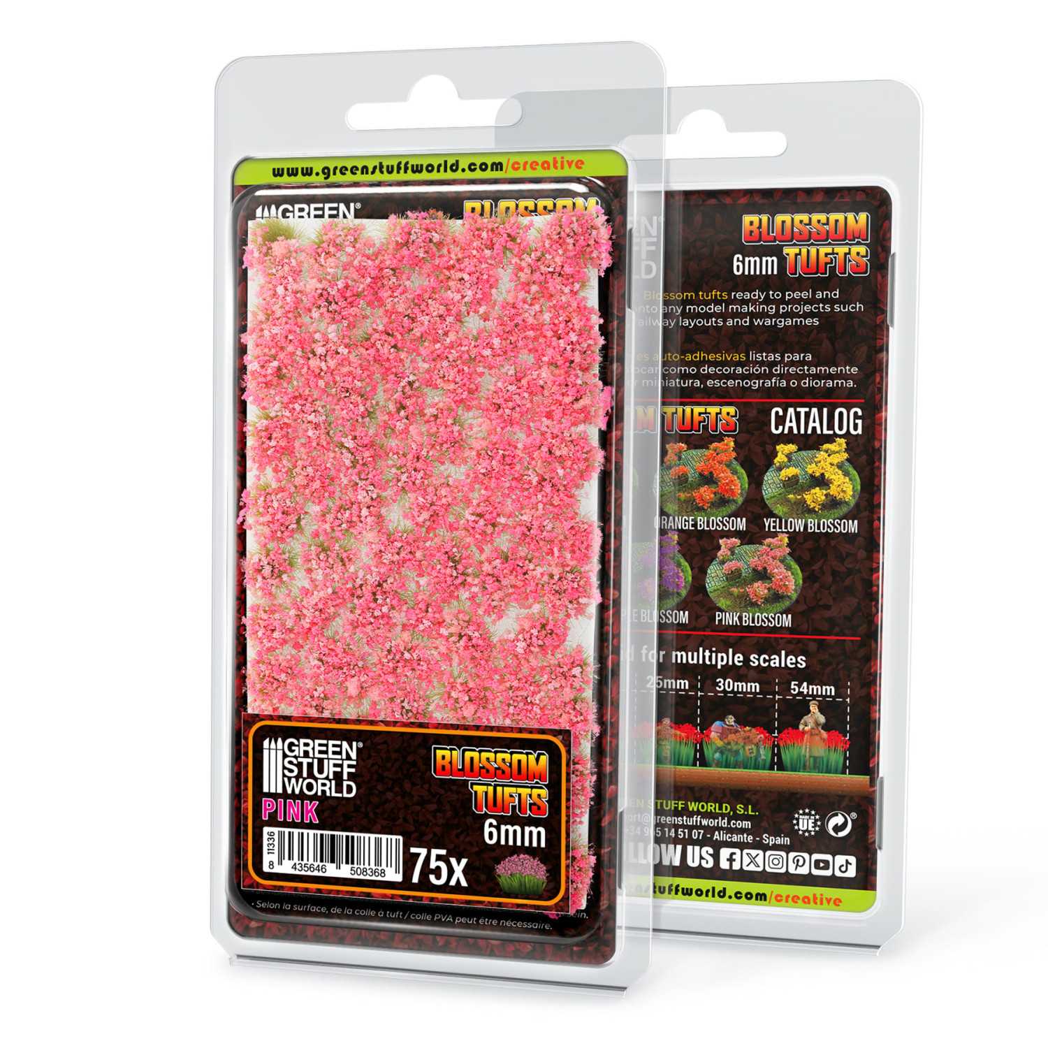 Blossom Tufts 6mm Pink Flowers Green Stuff World - opakowanie blister przód i tył z arkuszem 75 różowych kępek kwiatowych i katalogiem kolorów serii Blossom Tufts

