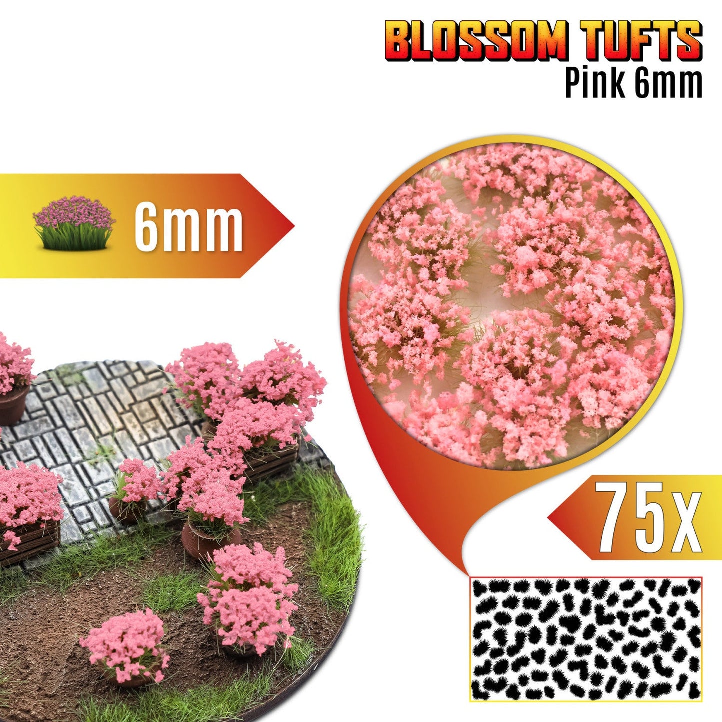 Blossom Tufts 6mm Pink Flowers Green Stuff World - podstawka fantasy z różowymi krzewami kwiatowymi, zbliżenie na teksturę kępek i układ 75 sztuk na arkuszu
