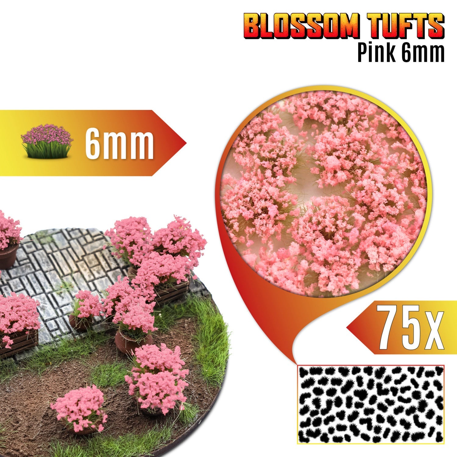 Blossom Tufts 6mm Pink Flowers Green Stuff World - podstawka fantasy z różowymi krzewami kwiatowymi, zbliżenie na teksturę kępek i układ 75 sztuk na arkuszu
