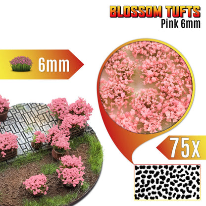 Blossom Tufts 6mm Pink Flowers Green Stuff World - podstawka fantasy z różowymi krzewami kwiatowymi, zbliżenie na teksturę kępek i układ 75 sztuk na arkuszu
