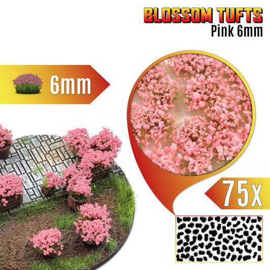Blossom Tufts 6mm Pink Flowers Green Stuff World - podstawka fantasy z różowymi krzewami kwiatowymi, zbliżenie na teksturę kępek i układ 75 sztuk na arkuszu

