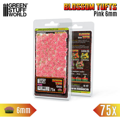 Blossom Tufts 6mm Pink Flowers Green Stuff World - opakowanie blister przód i tył z widoczną skalą 25mm 30mm 54mm i opisem produktu
