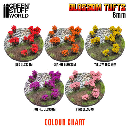 Blossom Tufts 6mm Green Stuff World - katalog kolorów serii: Red Blossom, Orange Blossom, Yellow Blossom, Purple Blossom, Pink Blossom na podstawkach fantasy
