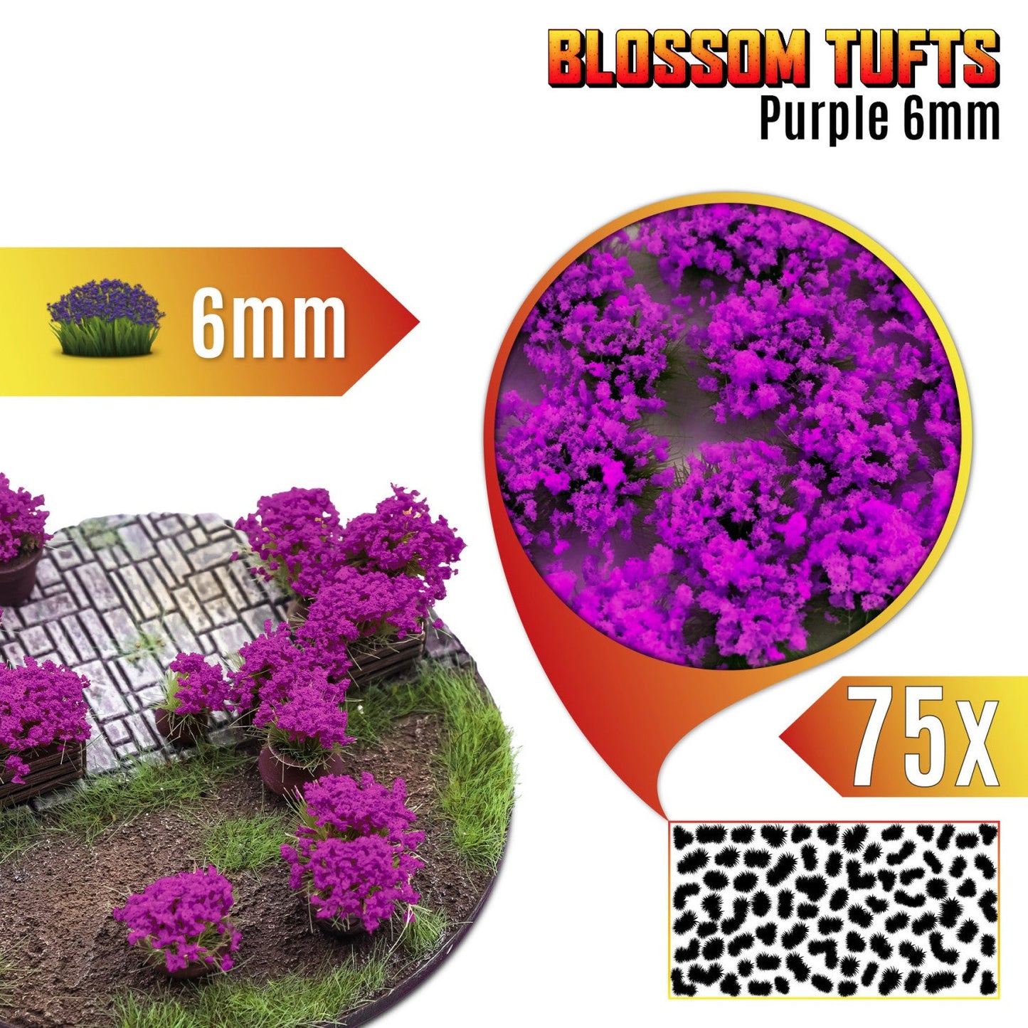 Blossom Tufts 6mm Purple Flowers Green Stuff World - podstawka fantasy z fioletowymi krzewami kwiatowymi, zbliżenie na teksturę kępek i układ 75 sztuk na arkuszu
