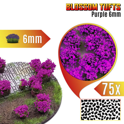 Blossom Tufts 6mm Purple Flowers Green Stuff World - podstawka fantasy z fioletowymi krzewami kwiatowymi, zbliżenie na teksturę kępek i układ 75 sztuk na arkuszu
