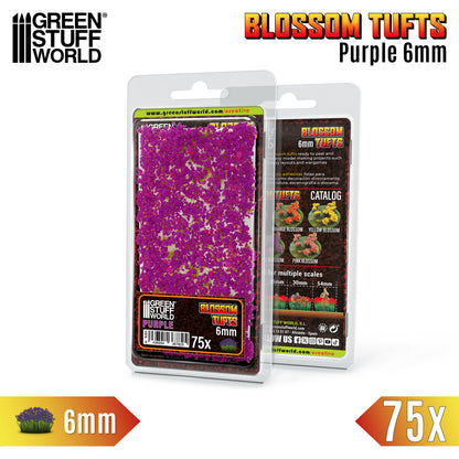 Blossom Tufts 6mm Purple Flowers Green Stuff World - opakowanie blister przód i tył z widoczną skalą 25mm 30mm 54mm i opisem produktu
