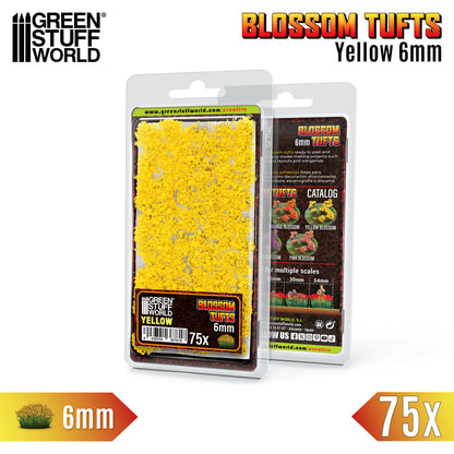 Blossom Tufts 6mm Yellow Flowers Green Stuff World - opakowanie blister przód i tył z widoczną skalą 25mm 30mm 54mm i opisem produktu
